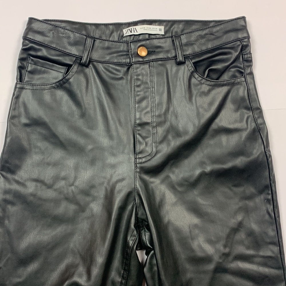 Zara Faux Leather Black Flare Trousers High Waist Pants Slits by Hem Size 4 - Picture 4 of 9